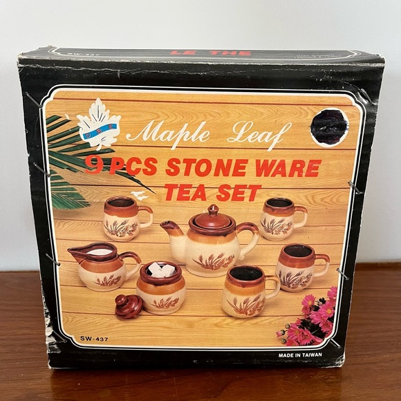 Complete Set with Original Box- 9 Pcs Vintage Wheat Maple Leaf Stoneware Tea Set - Picture 2 of 10
